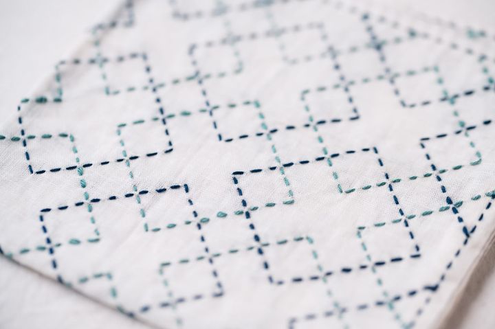 The sashiko pattern kasanemasusashi in two different shades of blue on white fabric