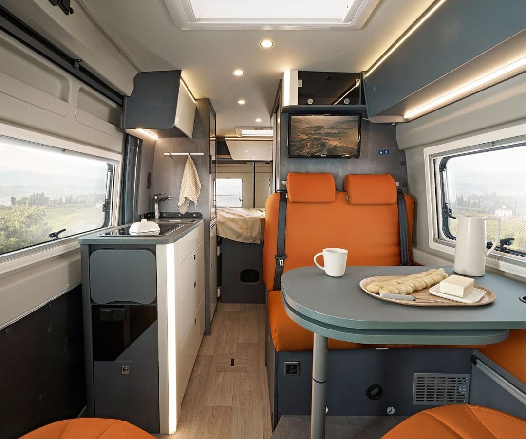 Inside of the Kosmo Supremo with orange seats