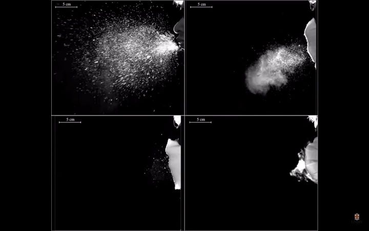 High speed images of particles erupting of a mouth during speech. 