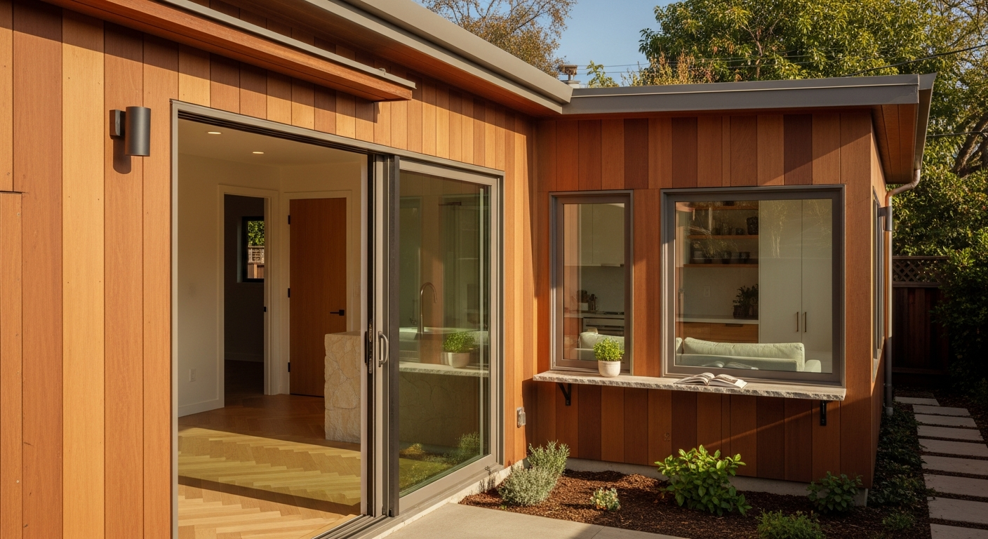 Modern detached ADU in Sunnyvale California with cedar siding and landscaped backyard completed by Barcci Builders in 2026