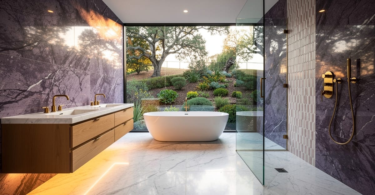 Luxury primary bathroom remodel in Saratoga California featuring Calacatta Viola marble, rift-cut white oak vanity, and unlacquered brass fixtures