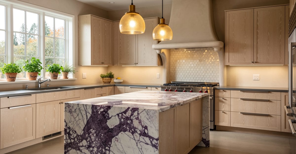 Luxury Mountain View kitchen remodel with rift-cut white oak cabinets, Calacatta Viola marble island, and unlacquered brass fixtures