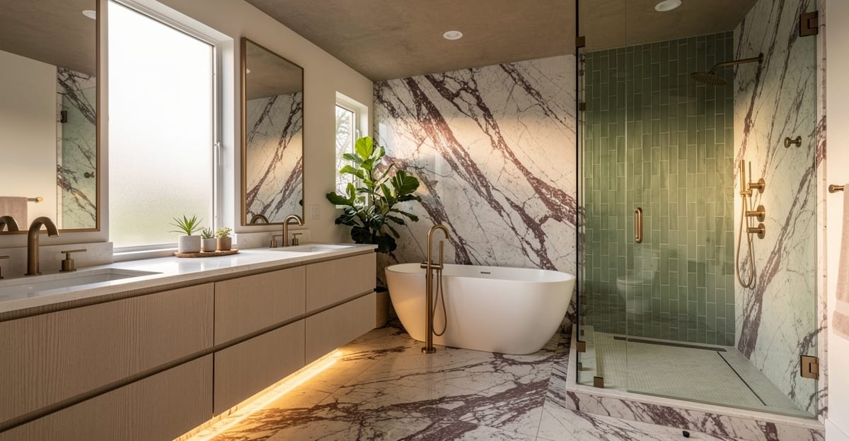 Luxury bathroom remodel in Sunnyvale with Calacatta Viola marble, frameless glass shower, and unlacquered brass fixtures