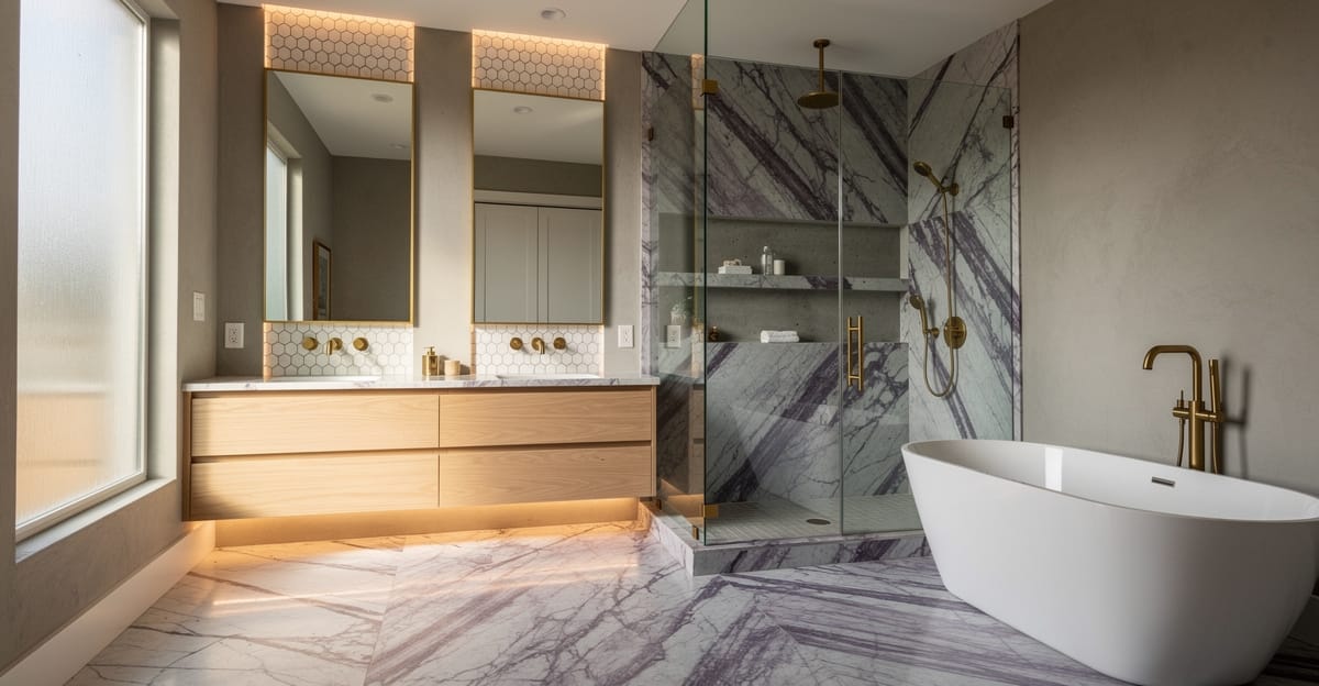 Luxury primary bathroom remodel in Campbell CA with Calacatta Viola marble, frameless glass shower, rift-cut white oak vanity, and unlacquered brass fixtures