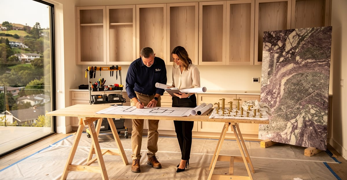 Architect and contractor reviewing blueprints together in a modern Los Gatos kitchen remodel with rift-cut white oak cabinets and Calacatta marble countertops