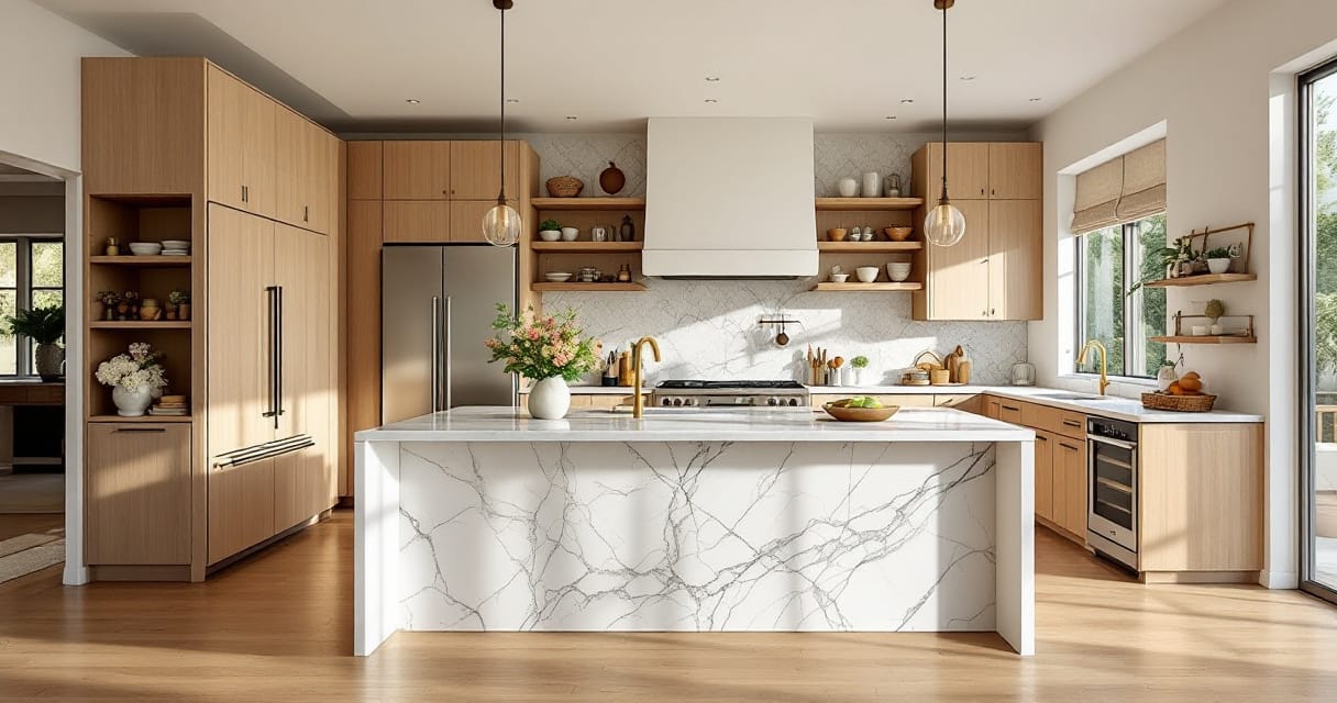 Luxury kitchen remodel in Los Altos with rift-cut white oak cabinets, Calacatta Viola marble island, and unlacquered brass fixtures