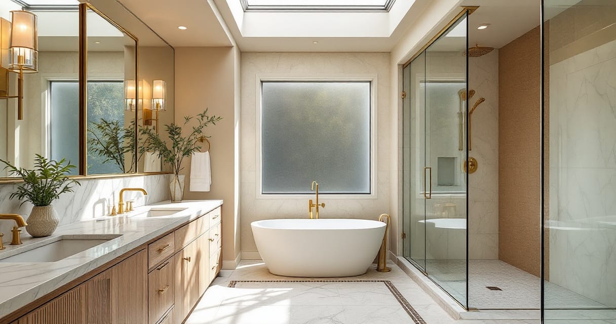 Luxury bathroom remodel in Cupertino with fluted white oak vanity, Calacatta Viola marble slab, unlacquered brass fixtures, and walk-in frameless glass shower