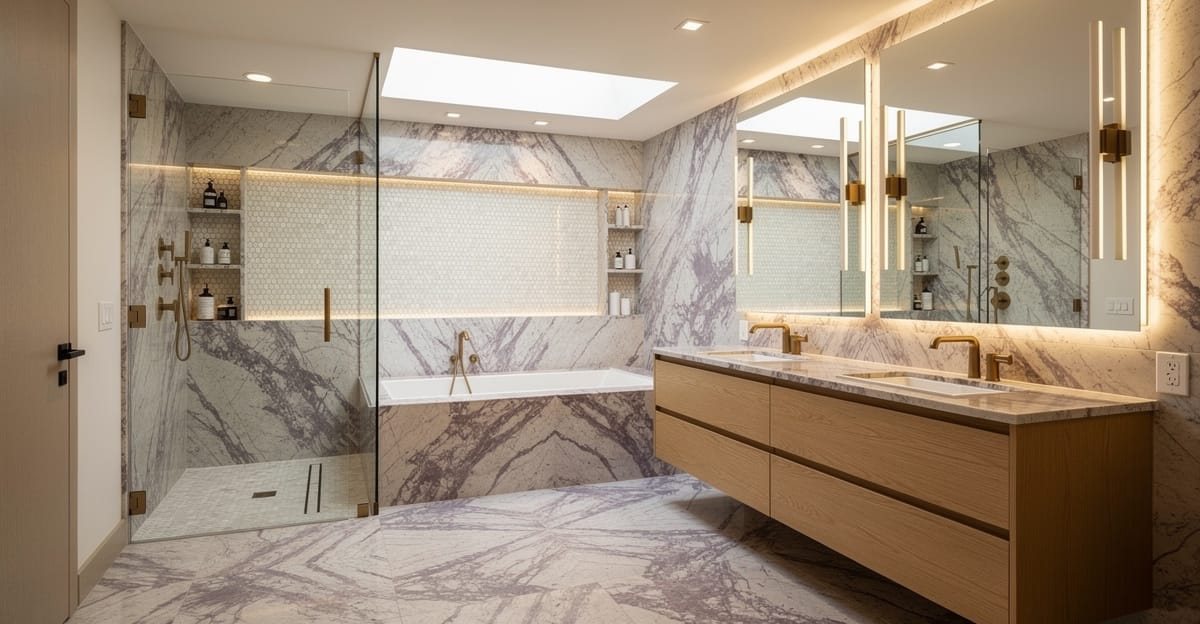 Luxury primary bathroom remodel in Mountain View with Calacatta Viola marble, frameless glass shower, and warm white oak vanity