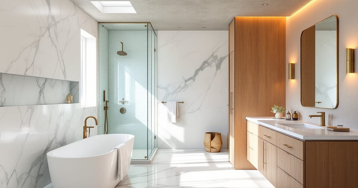 Luxury primary bathroom remodel in Palo Alto with Calacatta Viola marble, freestanding soaking tub, and unlacquered brass fixtures