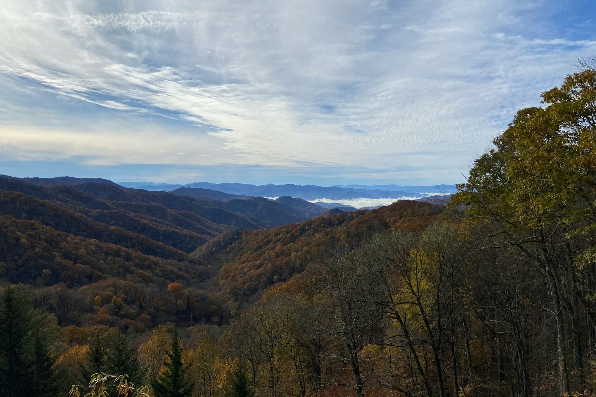 a scenic view of a mountain range in the fall