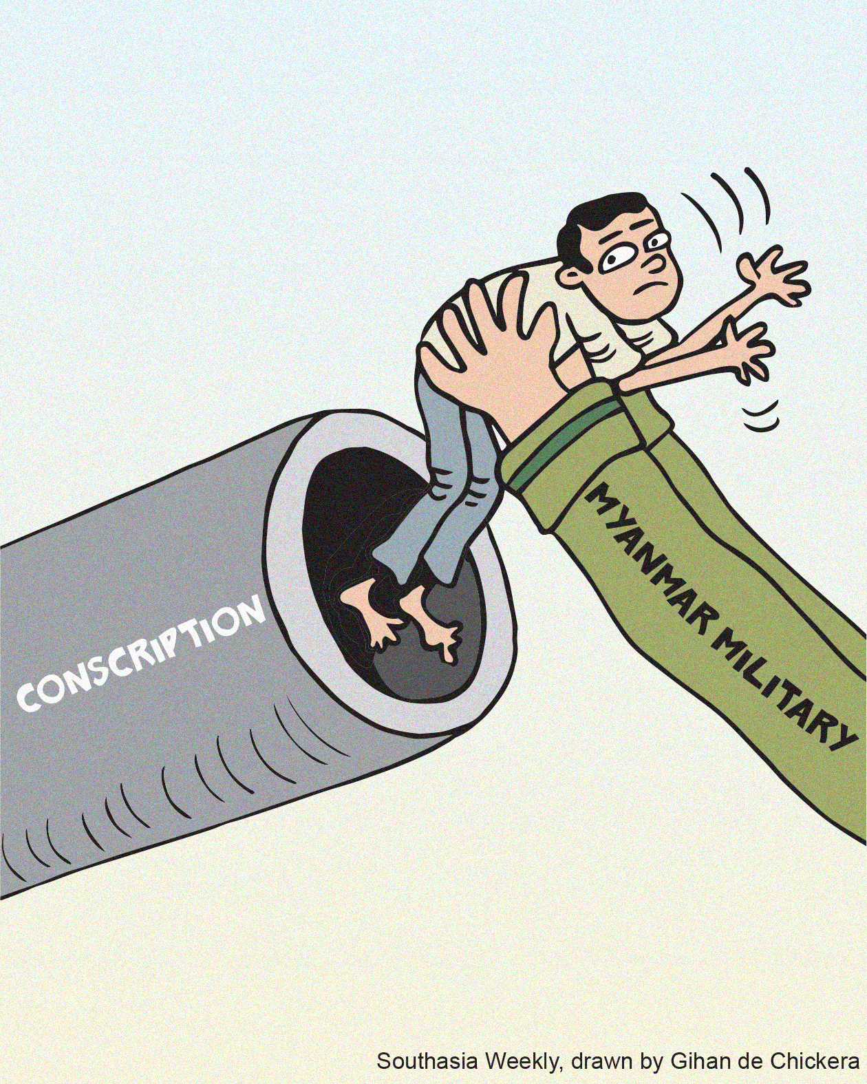 Man being put into a cannon marked conscription by an arm with military uniform.