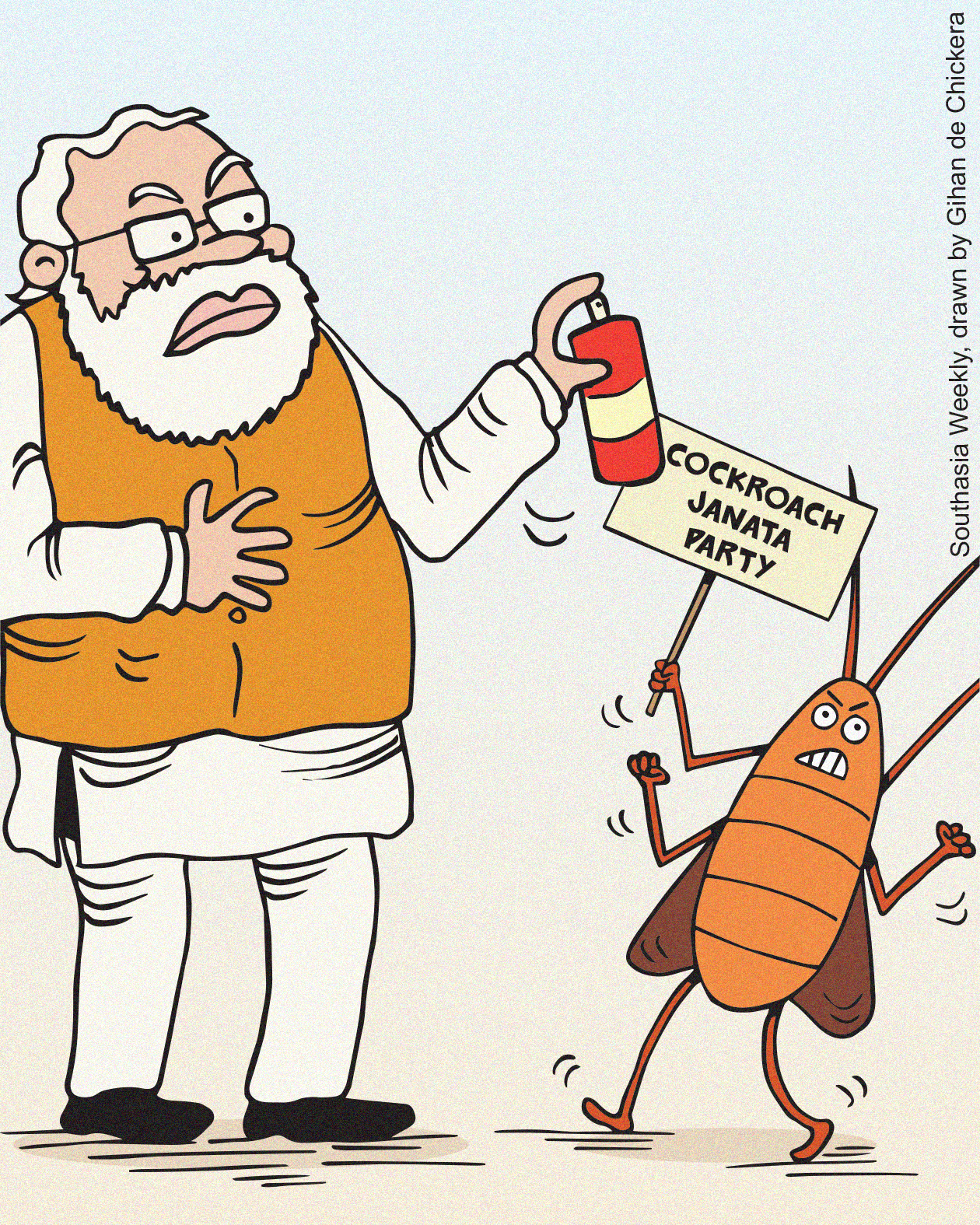 Cartoon of Modi using bug spray on a cockroach - for Cockroach Janata Party
