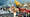Composite image featuring the landscape of the eastern-district of Leh and a Buddhist on the right, and the western-district of Kargil and a mosque on the left. 
