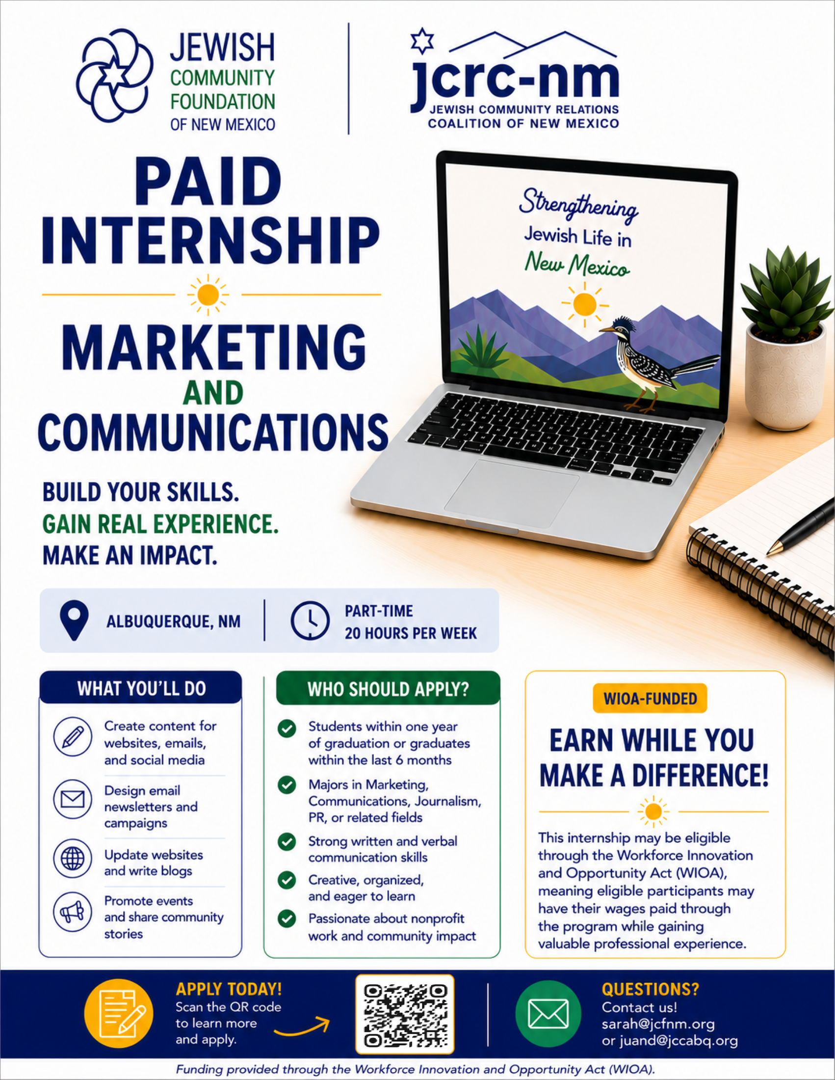 PAID INTERNSHIP in MARKETING & COMMUNICATIONS Opening ~ NEIL ISBIN SCHOLARSHIP ~ Life & Legacy ~ Grants Made to Immigrant and Refugee Orgs ~ NM to create $6.8 million in endowed gifts ~  Meet: Sarah Winger, new Executive Director ~