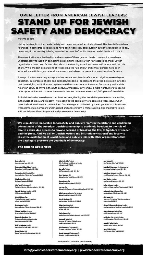 36 Former Major Jewish Organization Leaders reprimand current leadership for being "far too silent" in Open Letter in NYT.
