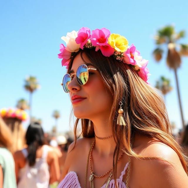 Girl a Coachella, with a flower crown.