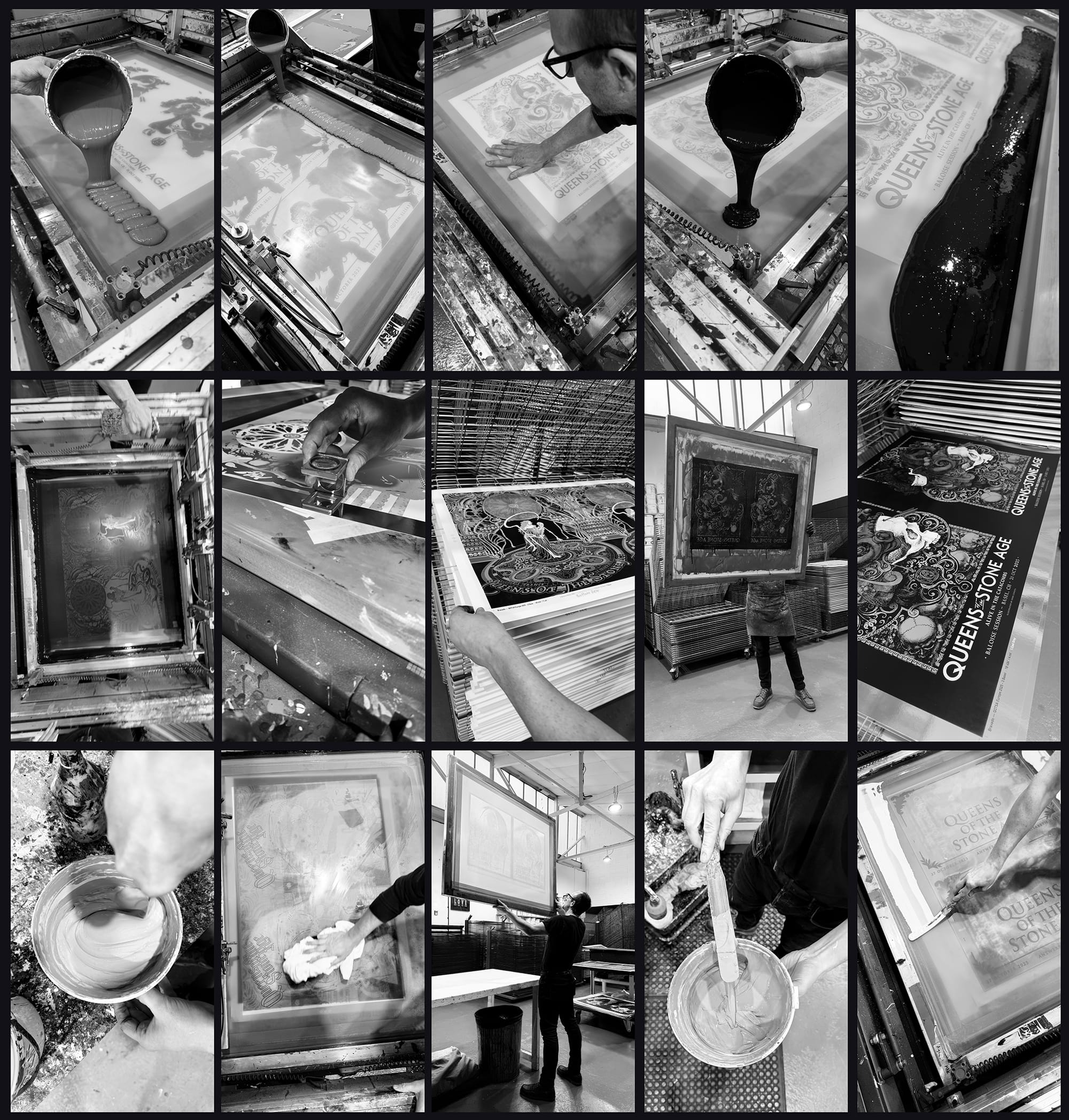 Silkscreen process at White Duck Editions showing the making of 8 Queens Of The Stone Age editions for their 2025 tour.