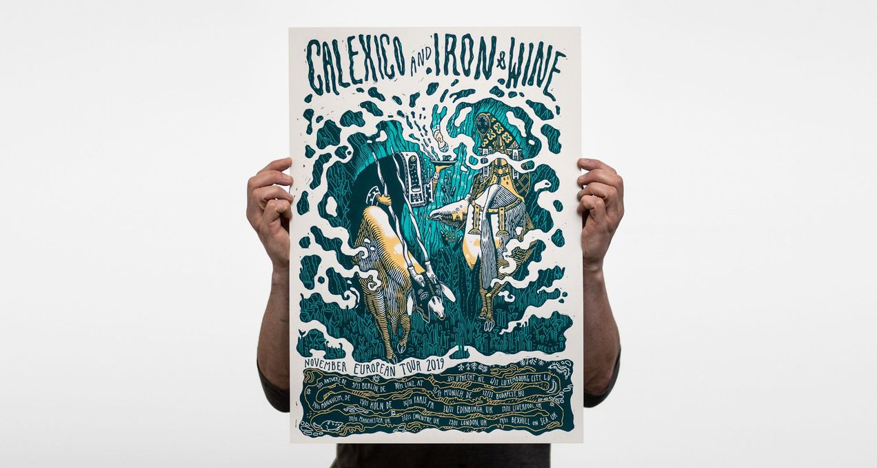 Calexico and Iron & Wine European Tour 2019 posters designed by Kathleen Neeley.
