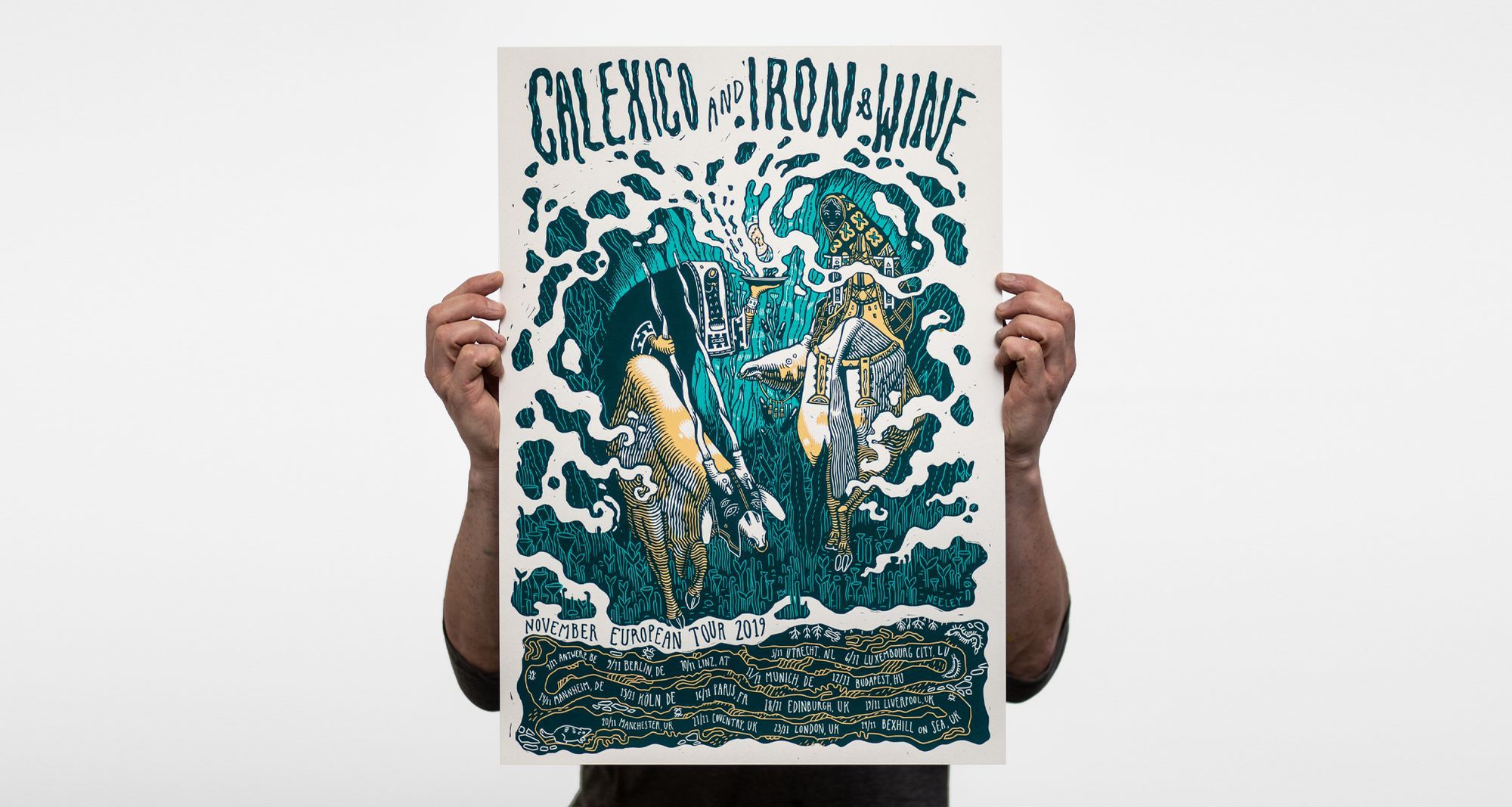 Calexico and Iron & Wine European Tour 2019 posters designed by Kathleen Neeley.
