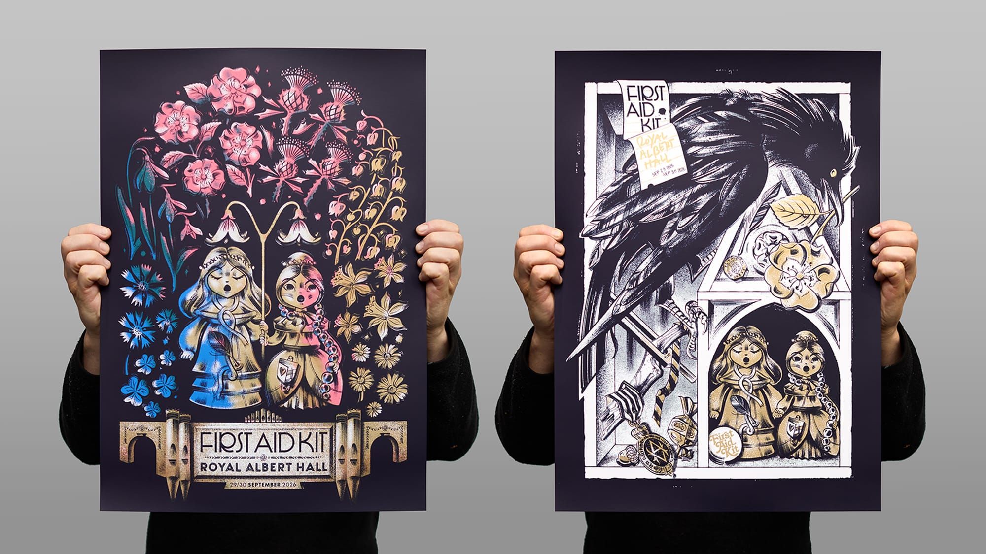 Two silkscreen posters by Anne Benjamin for First Aid Kit at the Royal Albert Hall, held up side by side against a grey backdrop.