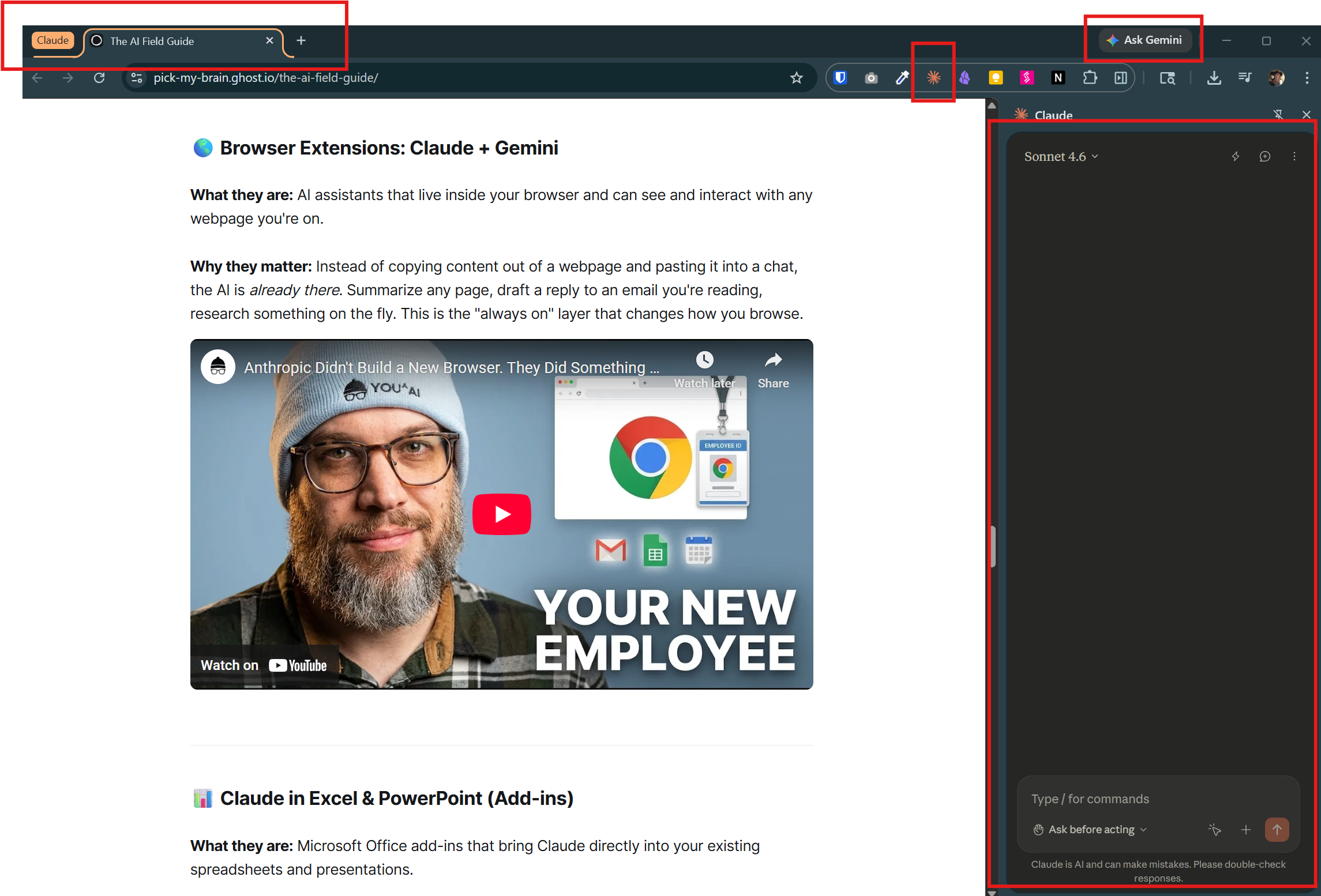 Claude and Gemini browser extensions active simultaneously