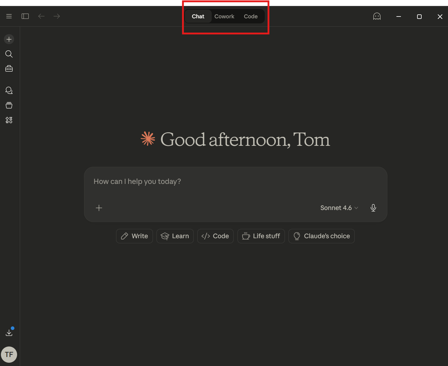 Claude Desktop — Chat, Cowork, and Code tabs