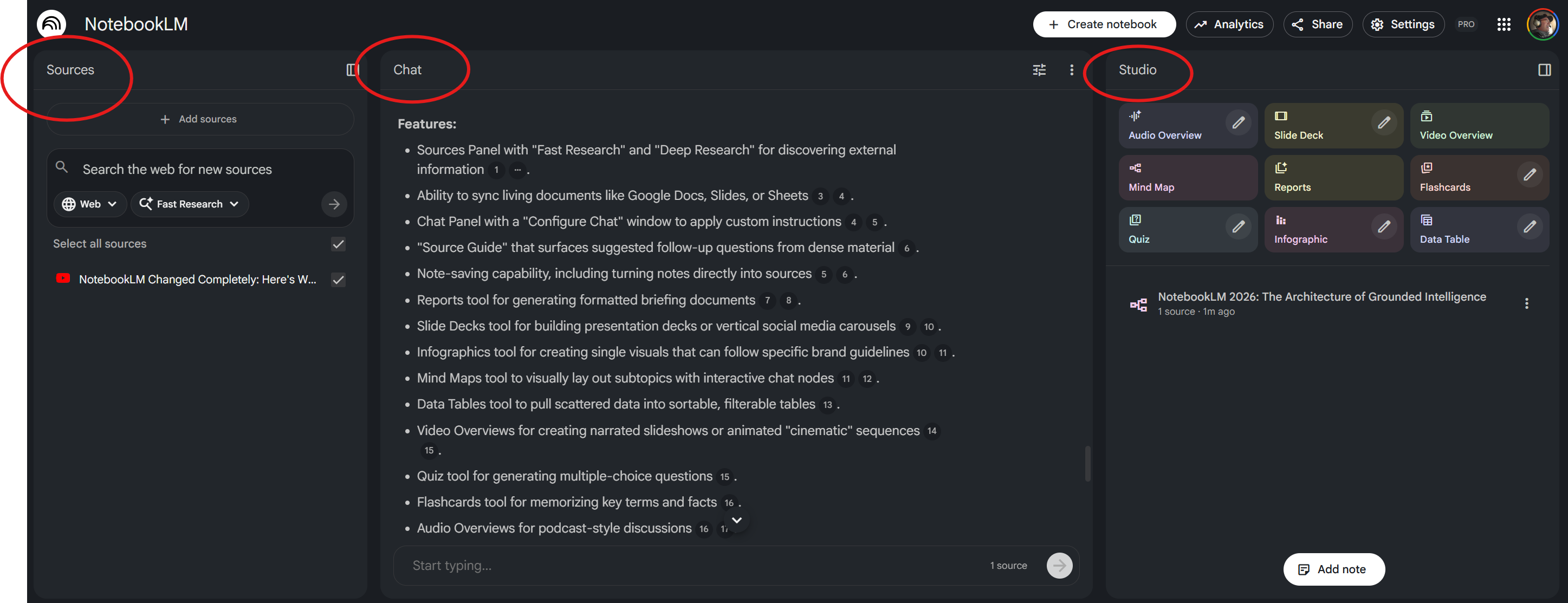 NotebookLM: Sources, Chat, and Studio panels