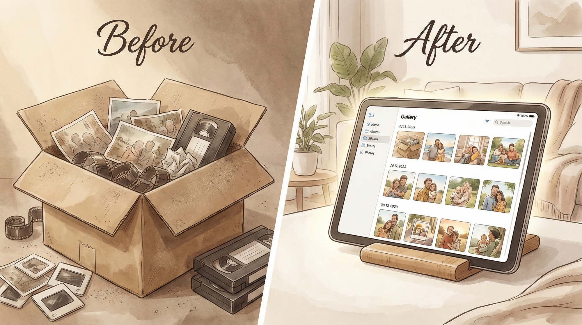 Before: box of old photos. After: digitized memories on a screen.