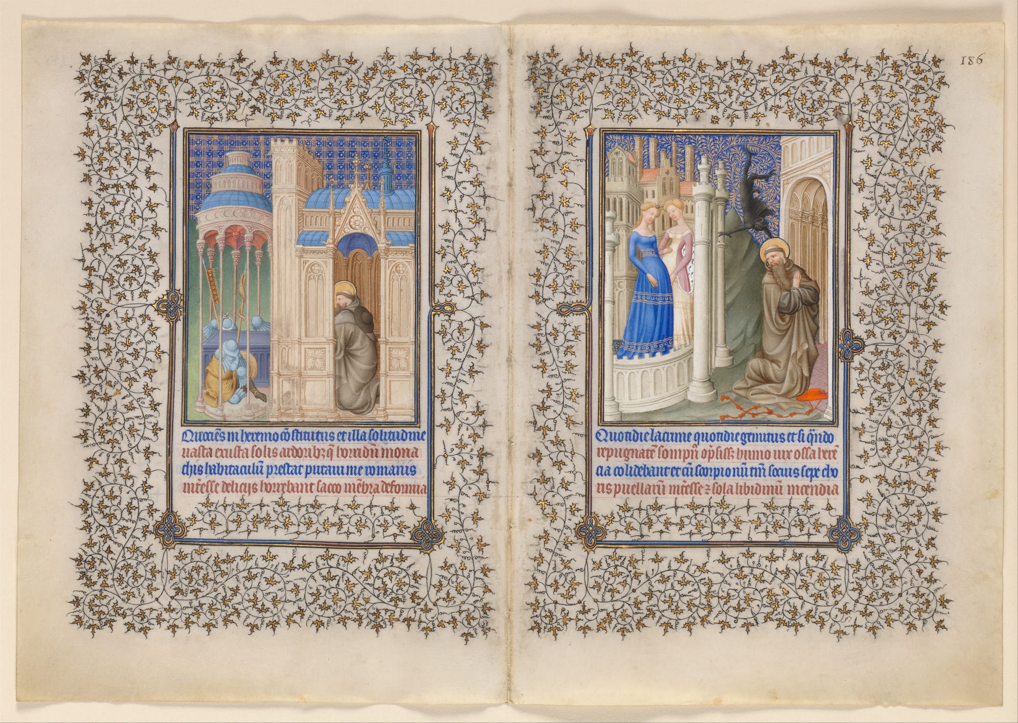 An open manuscript book. On the left folio is an image of a monk or priest hearing confession from a hunched figure in armor and holding other military accoutrements. The facing page depicts two women in renaissance garb facing each other in front of a miniaturized view of a city. A monk with a halo is to the right of the frame, shown in prayer, with his gaze over his shoulder and towards the women. Both panels have elaborate, intricate leaf and flower vine motifs tightly coiled in the margin of the page outside the central image.