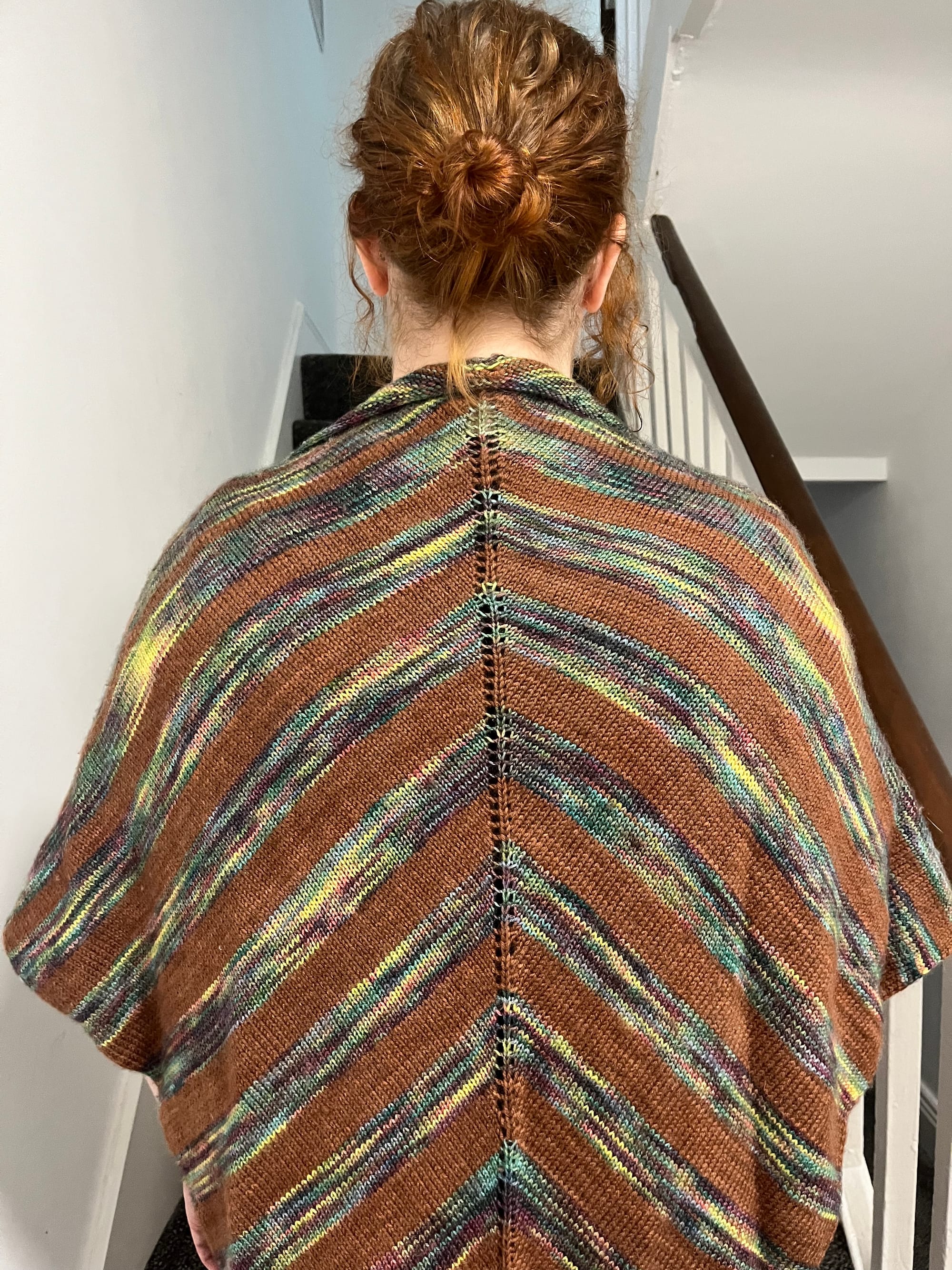 A pale skinned woman with a red, curly haired bun photographed from the back wearing a striped, knit shawl