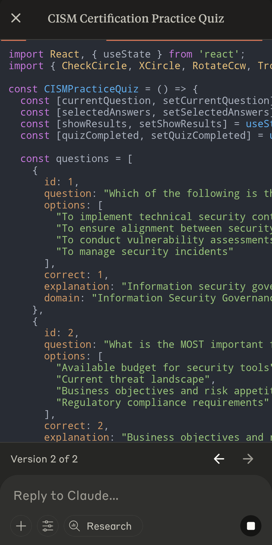 Claude creating new quiz on mobile app