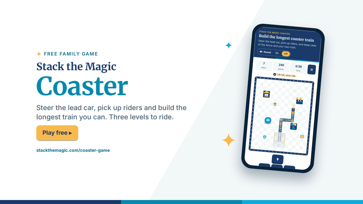 Stack the Magic Coaster, a free roller coaster game, shown on a phone