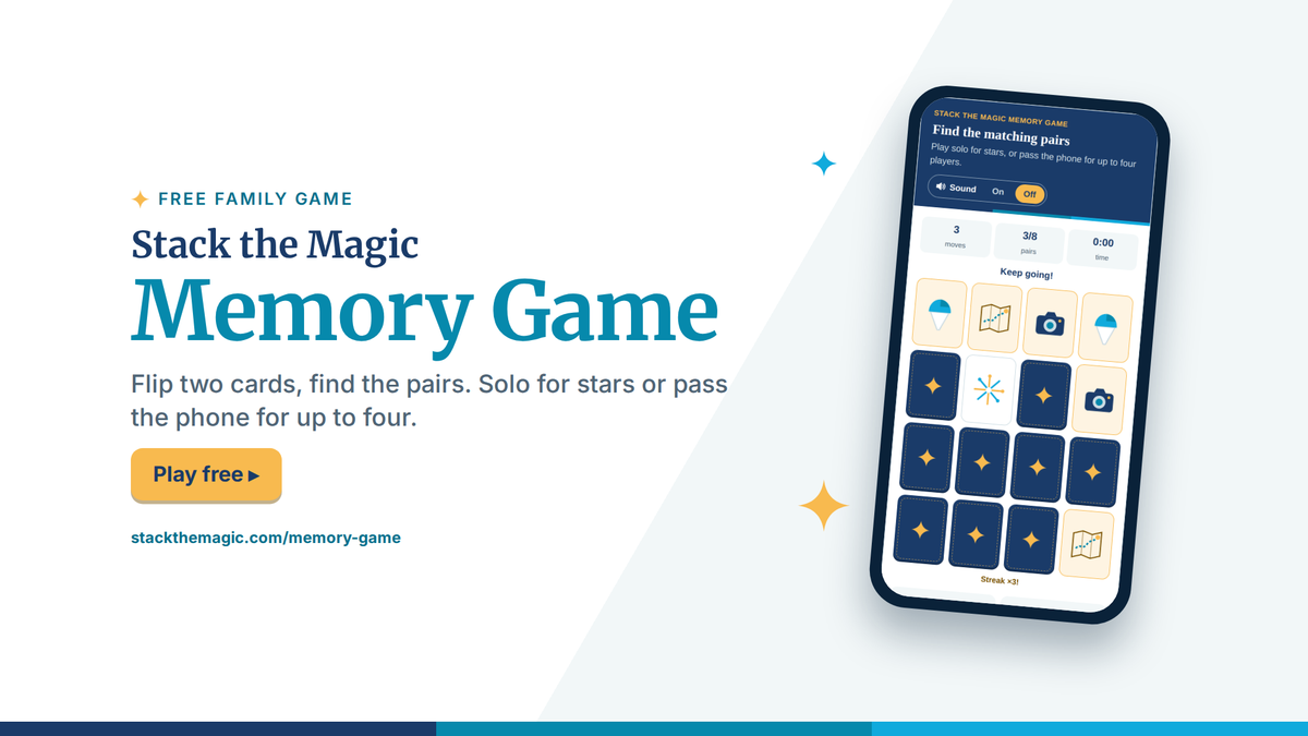 Stack the Magic Memory Game, a free memory match game, shown on a phone