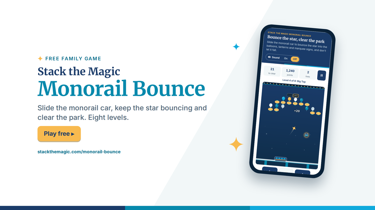 Stack the Magic Monorail Bounce, a free bounce-the-star game, shown on a phone