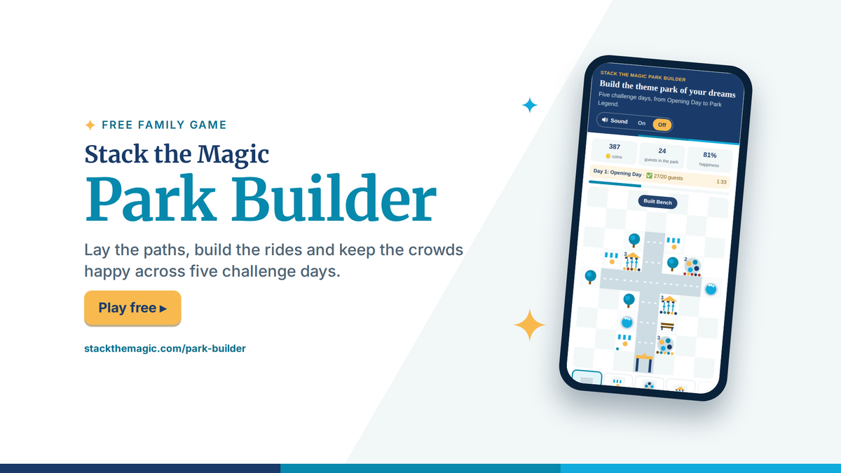 Stack the Magic Park Builder, a free theme park builder game, shown on a phone