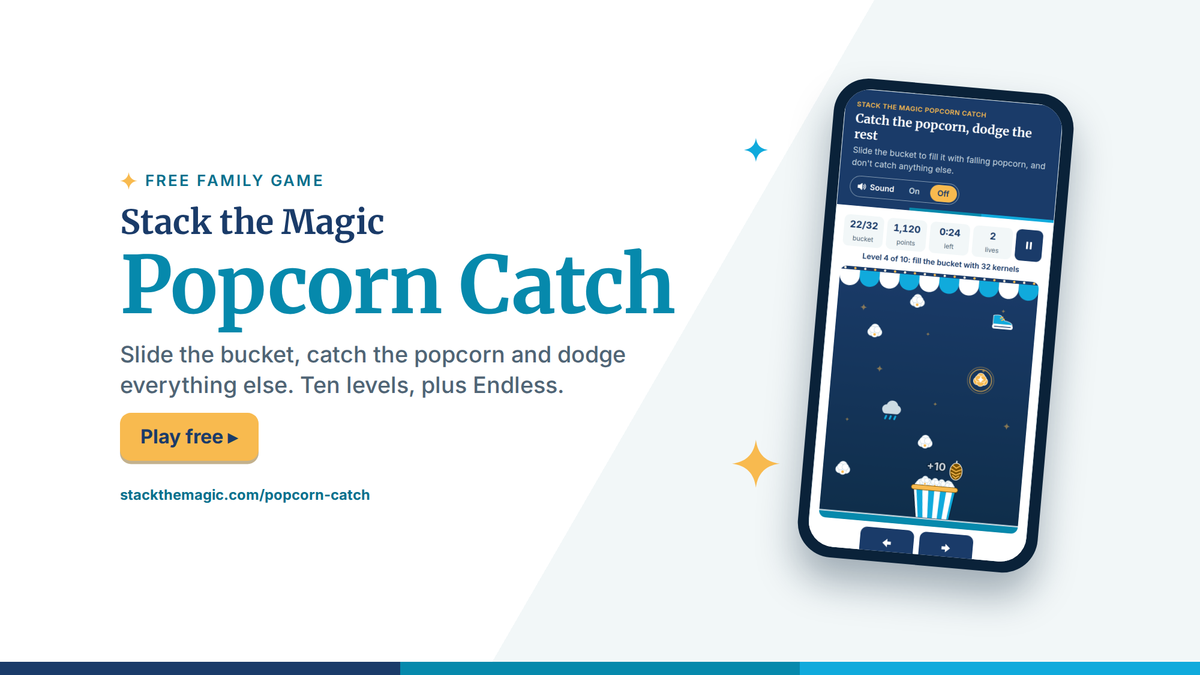 Stack the Magic Popcorn Catch, a free popcorn catching game, shown on a phone