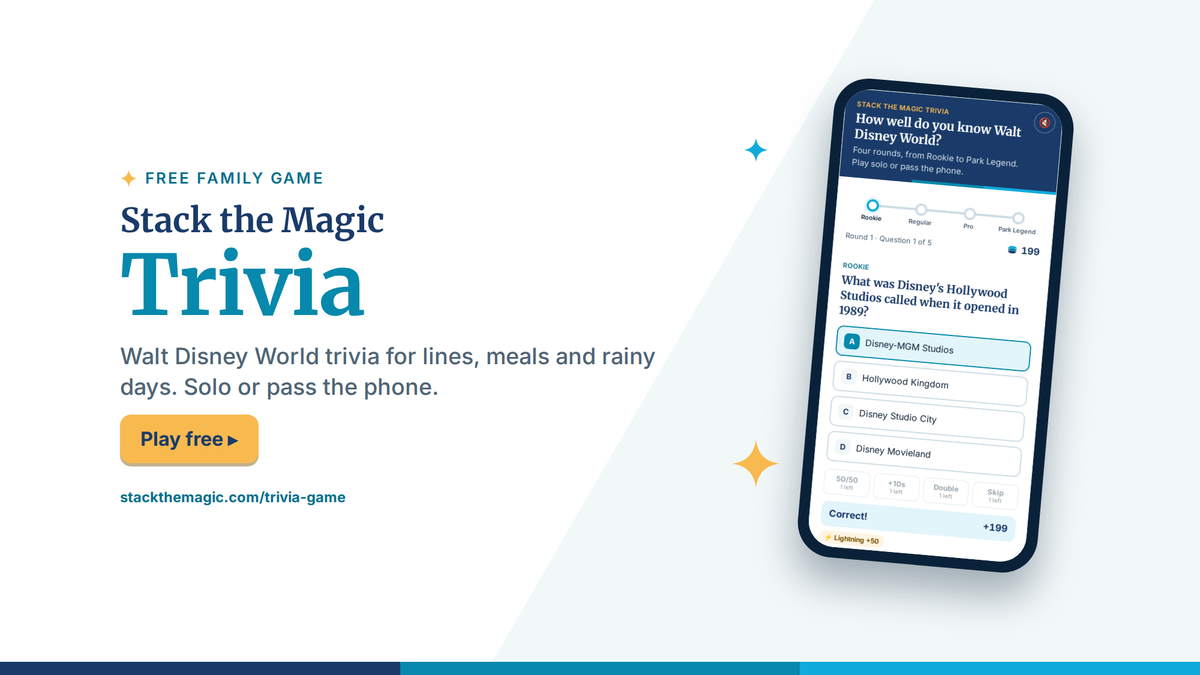 Stack the Magic Trivia, a free trivia game about Walt Disney World, shown on a phone
