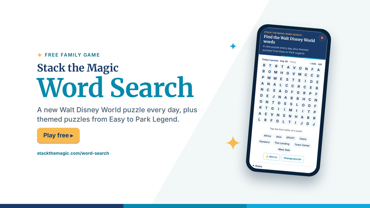 Stack the Magic Word Search, a free word search about Walt Disney World, shown on a phone