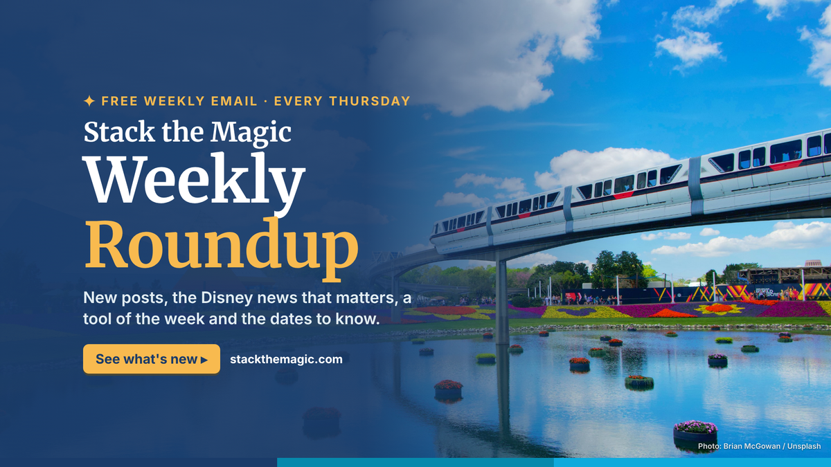 Stack the Magic Weekly Roundup, over a Walt Disney World monorail crossing above EPCOT’s flower beds and reflecting pool.