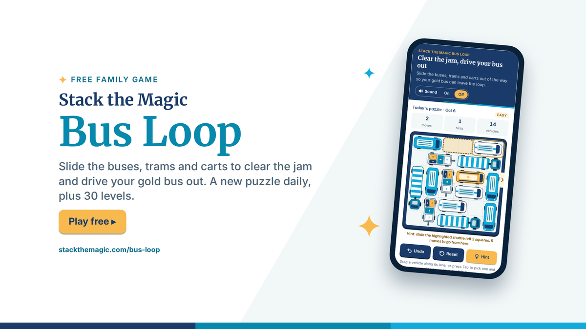 Stack the Magic Bus Loop, a free sliding puzzle game, shown on a phone