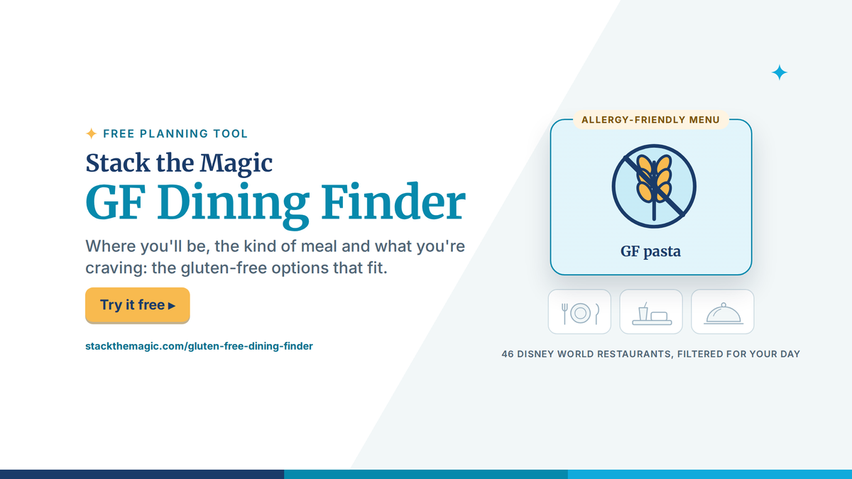 Stack the Magic's GF Dining Finder: a restaurant card marked Allergy-friendly menu and GF pasta, beside icons for table service, quick service and buffets