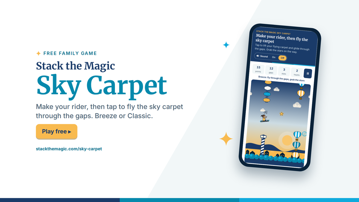 Stack the Magic Sky Carpet, a free flying game, shown on a phone