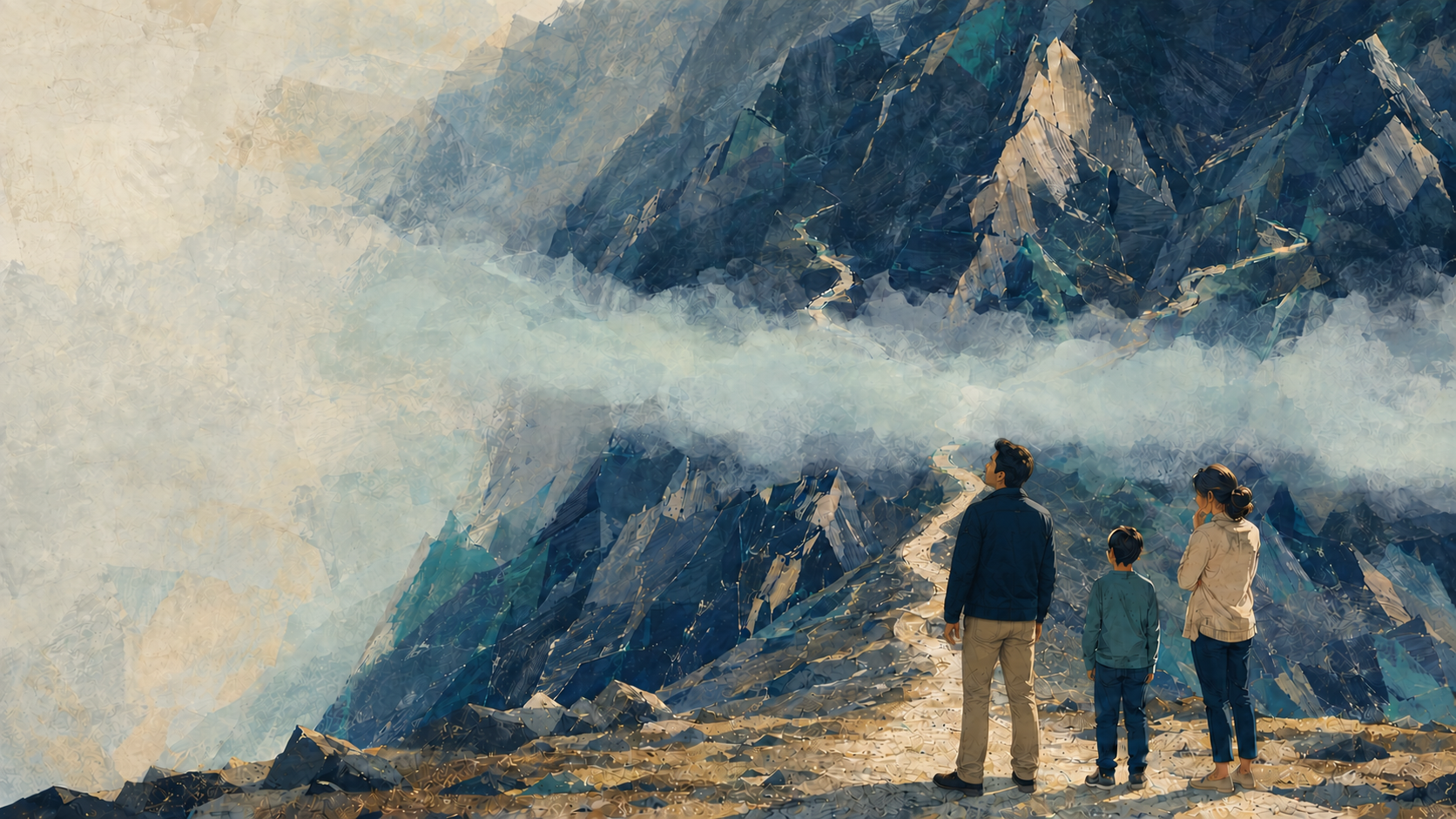 A family looking toward a mountain path obscured by clouds