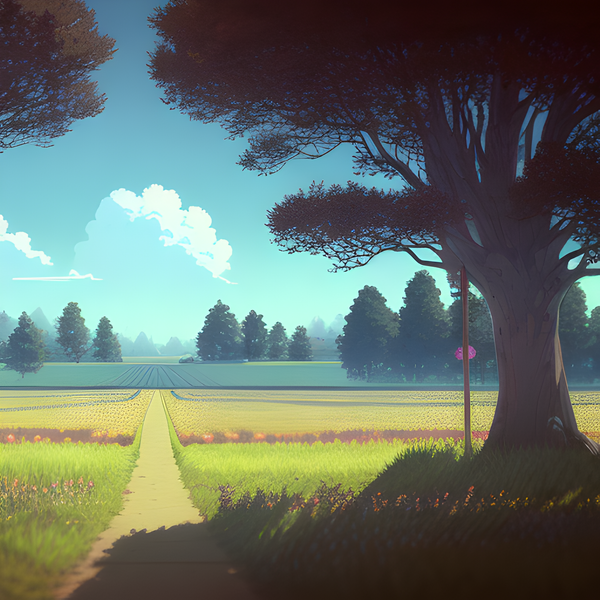 Image of farm land, path on left hand side, tree on the right with shade.
