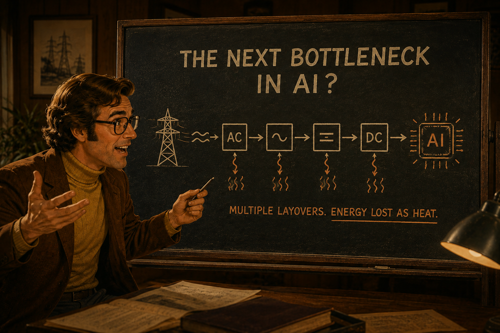 Chalkboard diagram of AC power converting through four stages to DC before reaching an AI chip, with heat lost at each stage