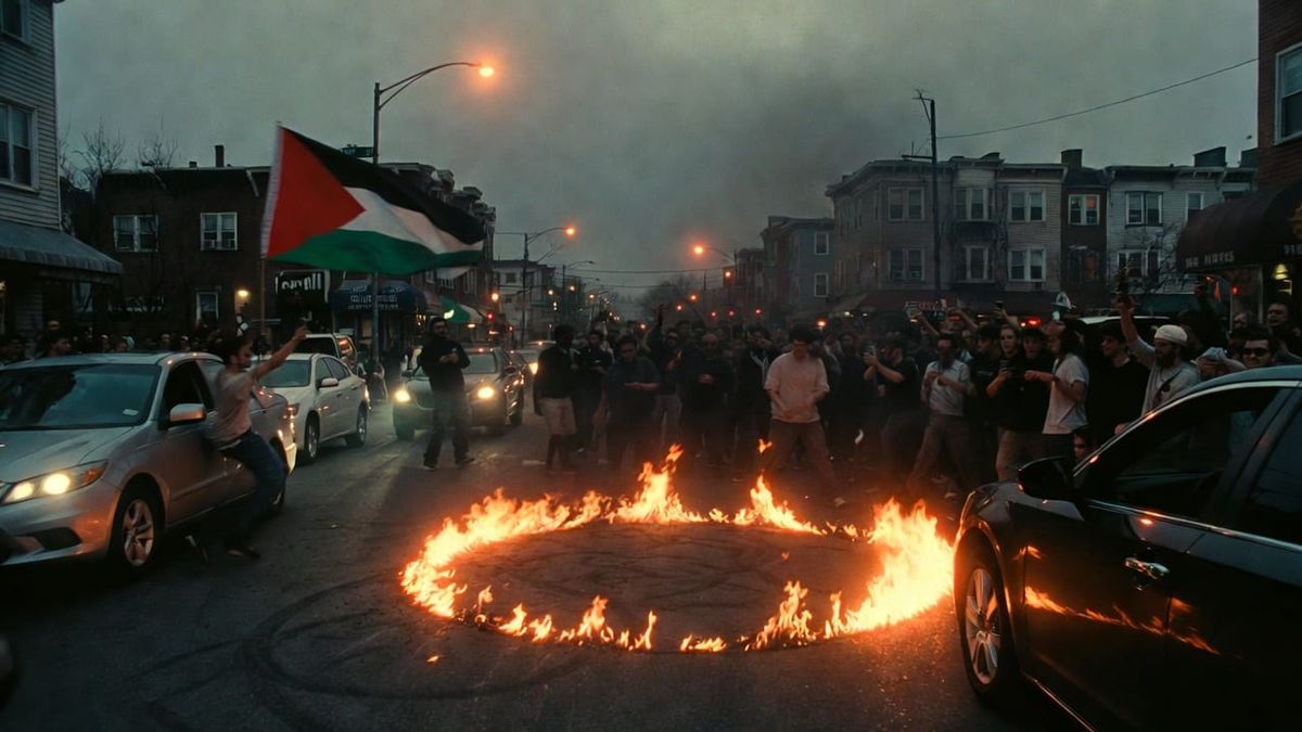 A Hundred Cars, a Ring of Fire, and a Palestinian Flag in Middle Village