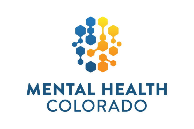 Logo: blue, orange, yellow stylized brain with Mental Health Colorado in blue underneath