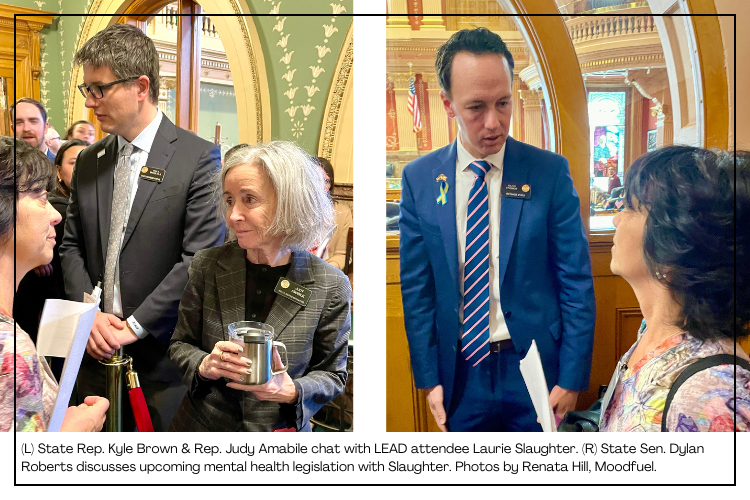 (L) Reps. Kyle Brown & Judy Amabile and attendee Laurie Slaughter. (R) Sen. Dylan Roberts with Slaughter