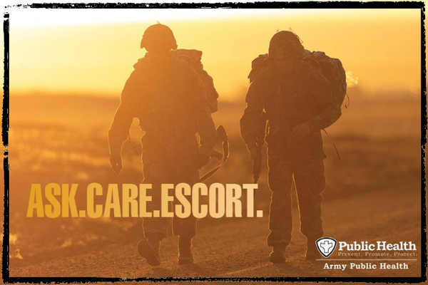 Photo of 2 soldiers carrying rifles & equipment walking side by side. The message is "Ask. Care. Escort."