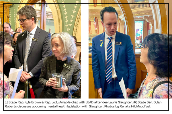 (L) Reps. Kyle Brown & Judy Amabile and attendee Laurie Slaughter. (R) Sen. Dylan Roberts with Slaughter